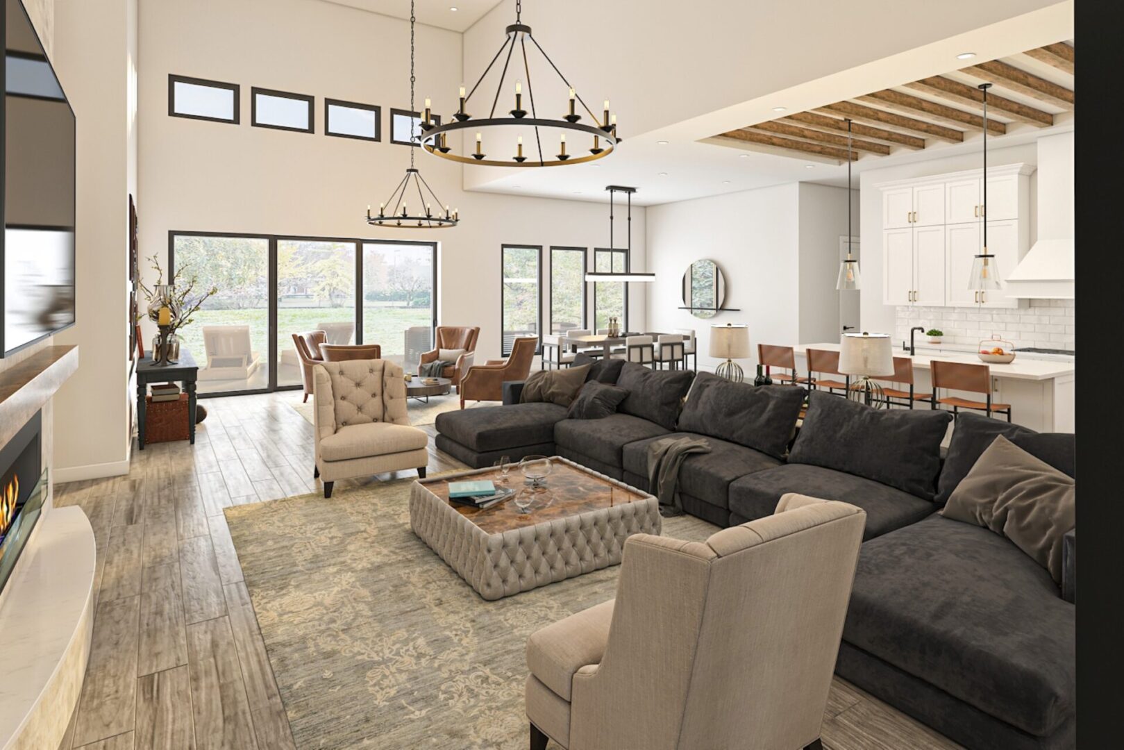 Spacious modern living room with kitchen view.