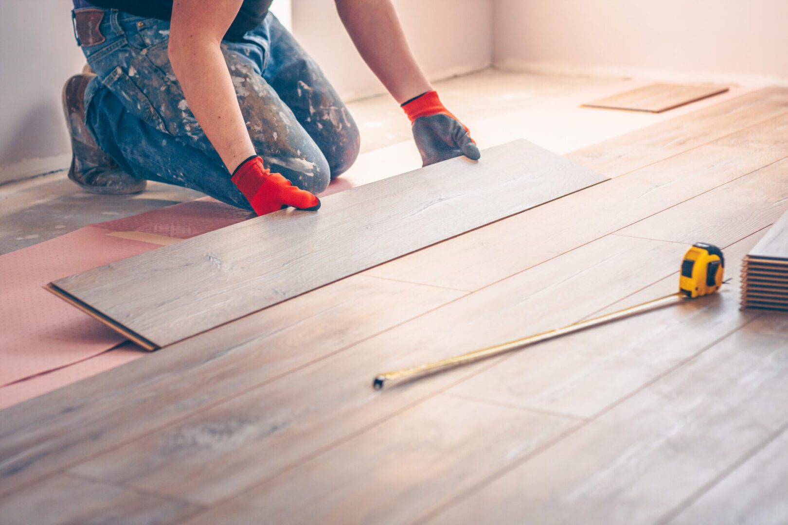 Person installing wooden flooring with tape measure.