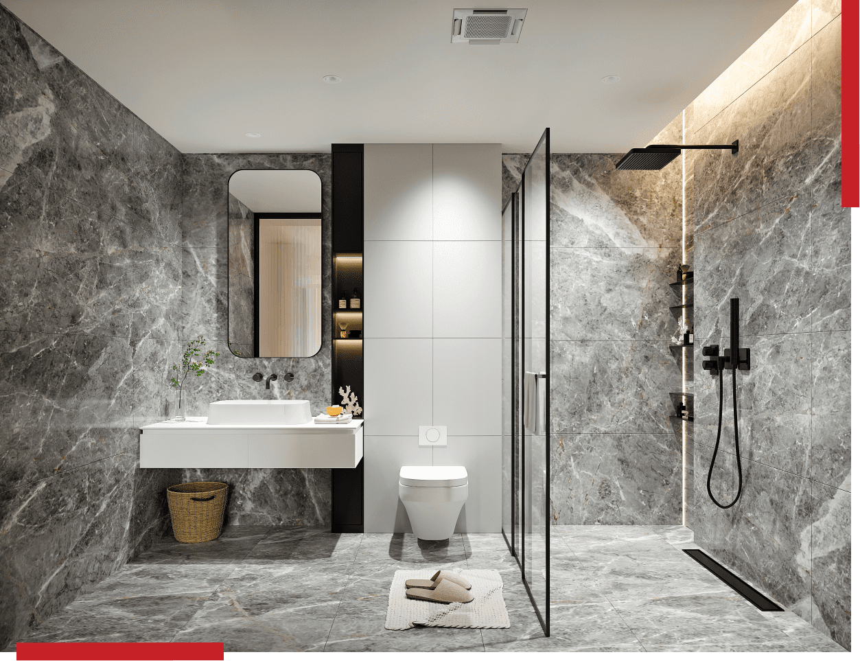Modern bathroom with marble walls and fixtures.