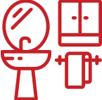 Red bathroom icon with sink and cabinet.