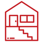 Red house outline with staircase icon.