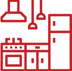Red kitchen appliance icons on black background.